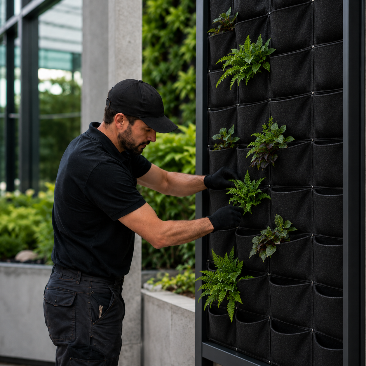Instalador colocando plantas en jardín vertical con geotextil